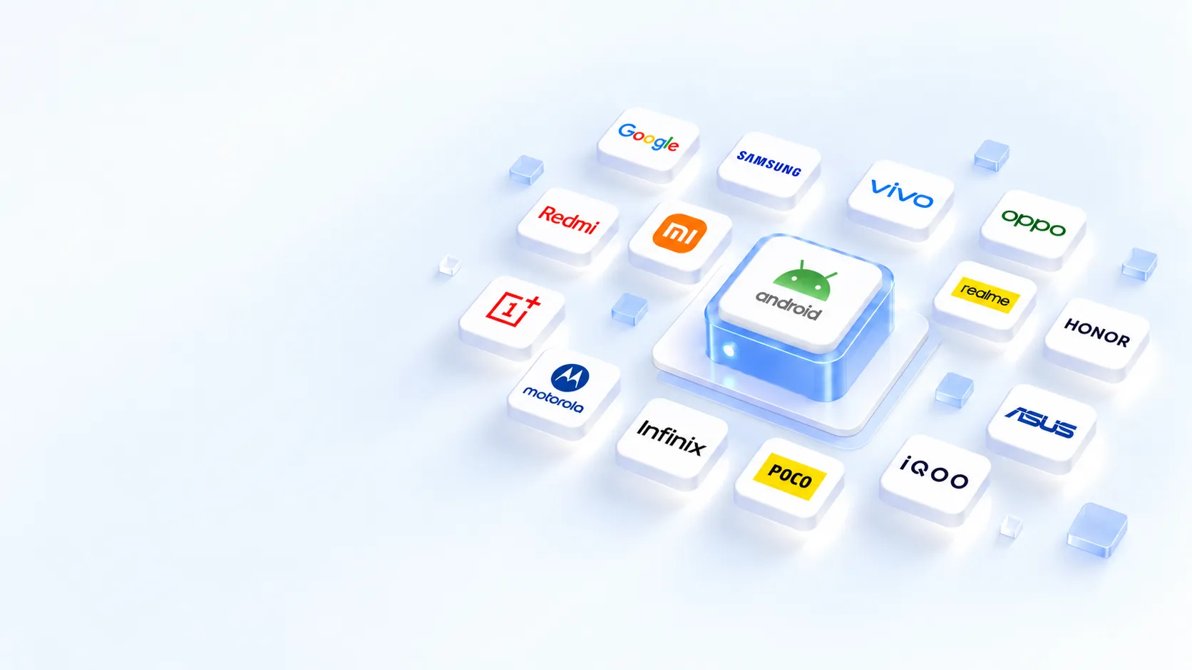 Android 与 Google、Samsung、vivo、OPPO、Redmi、Xiaomi、realme、HONOR、OnePlus、Motorola、Infinix、POCO、iQOO、ASUS 品牌